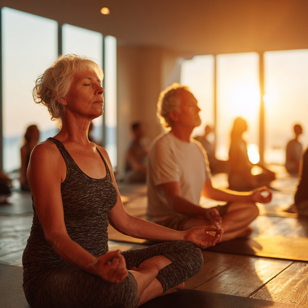 Serene yoga studio with middle-aged practitioners in meditation pose during golden hour